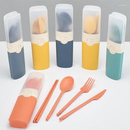 Dinnerware Sets Portable Reusable Spoon Fork Travel Picnic Chopsticks Wheat Straw Tableware Cutlery Set With Carrying Box Student Office