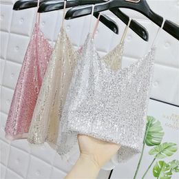 Women's Tanks V-neck Chiffon Suspender For Summer Outerwear Sequin Bottoming Shirt Fashionable Inner Layer Vest Personalised Top