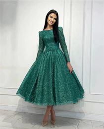 Glitter Dark Green Sequins Prom Dresses Tea Length Long Sleeves Shiny A-Line Formal Dress Sexy Backless Brithday Party Special Occasion Gowns For Women 2024