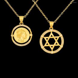 Chains Gold Colour Coin Portrait Pendant Necklace Vintage Carved Woman Jewish Jewellery Gift Zircon Star Of David