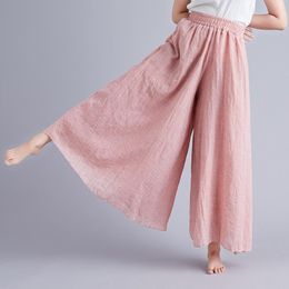 Women's Pants & Capris Artistic Youth Cotton And Linen Wide-leg Elastic Waist Solid Color Ethnic Style Big Swing Hakama Women Bottoms