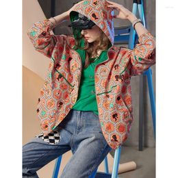 Women's Jackets Printed Hooded Baseball Jacket Women's Spring And Autumn Fashion Style Fried Street Age-reducing Loose Women