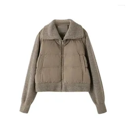 Women's Trench Coats Fashion Knitted Splice High Neck Short Cotton Coat Autumn Winter Thickened Warm Retro Jacket