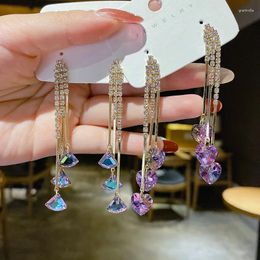 Dangle Earrings Long Tassels Luxury Purple Heart Crystals Geometric Pendant Charm 2023 Korean Jewellery Kpop Earring For Women