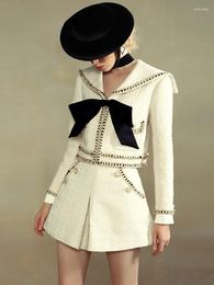 Work Dresses High-End Autumn 2023 Tweed Coat Shorts Suit Women French Style Sailor Collar Woollen Jacket Fashion Culottes Two-Piece Set