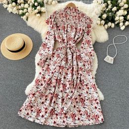 Casual Dresses Vintage Floral Draped Long Dress Women Stand Collar Lantern Sleeve High Waist A-Line Ruffle Vestidos Autumn Fashion