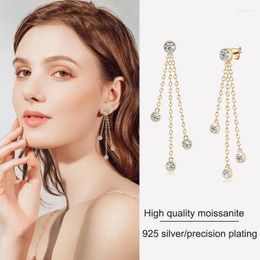 Dangle Earrings QXTC Long Tassel Moissanite Drop 4mm&3mm D Color Round Diamond Women's Stud Real 925 Silver Fine Jewelry Gift