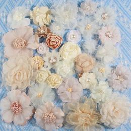 Decorative Flowers 200Pcs Ivory Cream Series Camellia Rose Chiffon Fabric Artificial For Wedding Invitation Dress Decoration Craft Projects