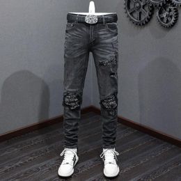 Men's Jeans Street Fashion Men Retro Black Grey Elastic Stretch Skinny Ripped Paisley Patched Designer Hip Hop Brand Pants