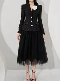 Work Dresses SMTHMA High Quality Fashion Two Piece Sets For Women Lapel Long Sleeve Black Woollen Blazer Coat Elastic Waist Mesh Skirt Set