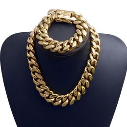 22mm Exaggerated Super-Wide Men Cuban Link Chain Jewlery Set Hip Hop Stainless Steel Choker Necklace Bracelet 18K Gold Plated 16&q330A