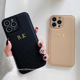 Cell Phone Cases Korea Personalise Name Letters Leather PU Soft Phone Case For iPhone 13 12 11 Pro X XS Max XR 7 8 Plus Luxury Plain Back Cover J230421