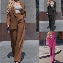 Women's Two Piece Pants Women Fashion 2 Blazer Sets Brown Black Double Breasted Casual Long Jacket Coat Wide Leg Trouser Female Red Chic Set