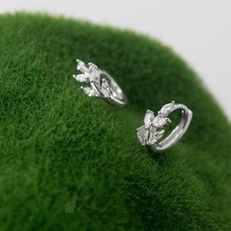 Hoop Earrings Real 925 Sterling Silver White Zirconia Leaf Branch Huggie For Women Lady Small Ear Jewelry