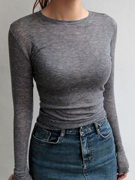Women's T-Shirt Slim High Quality Plain T Shirt Women Cotton Elastic Basic T-shirts Female Casual Tops Long Sleeve Sexy Thin T-shirt see through 230422