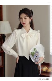 Women's Blouses Solid Simple Blouse For Women Korean Chic Single-Breasted Ruffles Shirt Casual High Neck Female