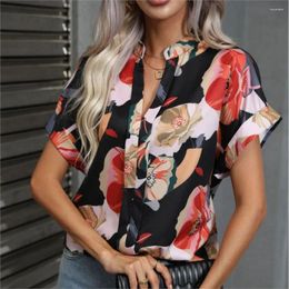 Women's Blouses Shirt Summer Fashion Painted Flower Print V-neck Short Sleeve Female Top Elegant Loose Retro Printed Blouse OL Clothing