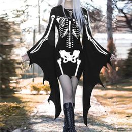 Casual Dresses Gothic Dress For Women Flare Sleeve Skeleton Print Lace Up V-Neck Plus Size Halloween Costumes Carnival Party