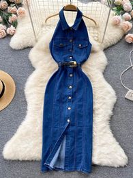 Casual Dresses Sexy Denim Dress Women Hanging Neck Single Breasted Leaky Back With Belt High Waist Wrap Hip A-line