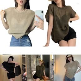 Women's Blouses Mesh Top Short Sleeve See Through Shirt Sheer O-Neck Clubwear Solid Color T-shirt Bikinis Cover Up For Summer