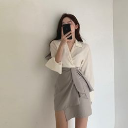 Two Piece Dress Fall Clothes Two Piece Set Female fashion Outfits for Women ShirtHigh waist A-line Irregular skirt Korean Fashion Suit 230422