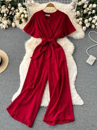 Women's Jumpsuits Rompers SINGRAIN French Style Solid Women Jumpsuits Summer Sexy Elegant Zipper Sashes Slim Temperament V Neck Sexy Wide Leg Long Rompers 230422