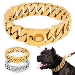 Dog Collars Leashes 19mm Strong Metal Dog Chain Necklace Pet Training Stainless Steel Choke Collar Gold Cuban Link For Large Walking Dog Ring 230422