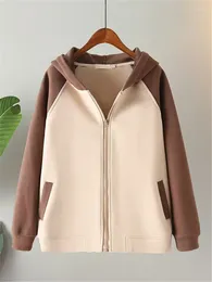 Outerwear Plus Size Women's Spring Autumn Loose Hooded Sweatshirt Athleisure Jacket Fleece Hoodie Raglan Sleeves With Mixed Colour Panels