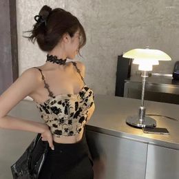 Women's Tanks French Design Sense Niche Printed Temperament Floral Chest Wrap Small Suspender Vest Female Spring With Pad Beautiful Back