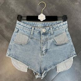Women's Shorts PREPOMP 2023 Summer Collection Rhinestone Pockets Light Blue Denim Women Slim Short Jeans GF468