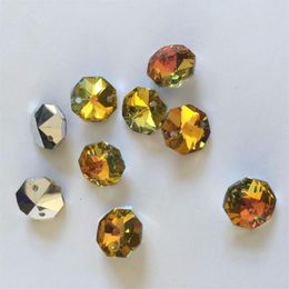 Chandelier Crystal 200pcs lot Yellow With Silver Back 14mm Glass Octagon Beads Two Holes 257p