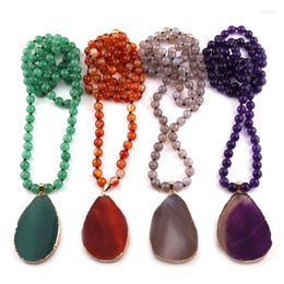 Pendant Necklaces MOODPC Fashion Bohemian Tribal Jewellery 8mm Stones Long Knotted Stone Agat Drop
