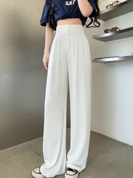 Women's Pants Capris High Waist Casual Wide Leg Pants for Women Double Button Floor-Length Straight Loose Trousers Summer White Black Suit Pants 230422