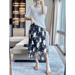 Skirts Miyake Folds Fall Black Elegant Collision Color Floral Tassel Casual Versatile Straight Half Skirt Women Formal Flexible