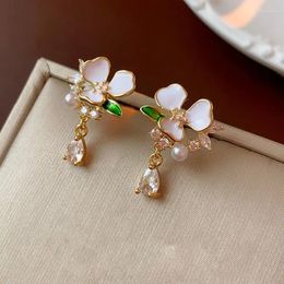 Dangle Earrings UILZ Vintage Drop Oil Flower Shaped With White Zirconia Imitation Pearl Fashion 2023 Design Party Jewelry