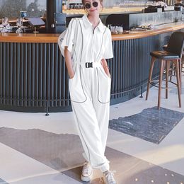 Women's Jumpsuits Rompers Summer Jumpsuit Women Streetwear Hip Hop Reflective Stripe Short Sleeve Lapel Zipper Harem Overalls Pants Sets Romper 230422