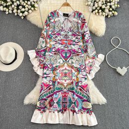 Casual Dresses VANOVICH 2023 Spring And Summer Europe America Luxury Flare Sleeve V-neck Loose Waist Print A-line Fashion Flounce Dress