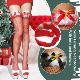 Sexy Socks Cute Little Bell Christmas Socks Bow Red High Sexy Fish Net Socks Sweet Sexy Underwear Women's Knee High Socks 231122