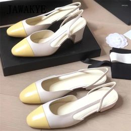 Sandals Summer Round Toe Square Heels Slingback Women Leather Patchwork Pumps Designer Shoes Elegant Dress Sandalias Femininas