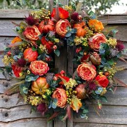 Decorative Flowers Fall Peony And Pumpkin Wreath Year Round Simulated Garland Rattan Ring Decor Festival Celebration Thanksgiving