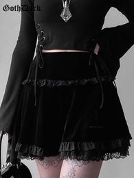 Skirts Goth Dark Mall Gothic Aesthetic Velvet Pleated Mini Skirts Women Vintage Harajuku Emo Alt Clothes High Waist Lace Ruffles Skirt P230422