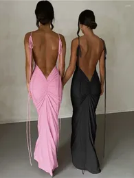 Casual Dresses Pink Backless Sexy Maxi For Women 2023 Spaghetti Strap Ruched Bodycon Dress Wedding Evening Party Elegant Luxury