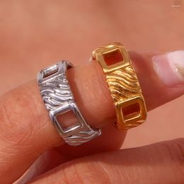 Cluster Rings Geometric Square Wave Textured Gold Plated For Women Silver Color Chunky Stainless Steel Ring Vintage Jewelry