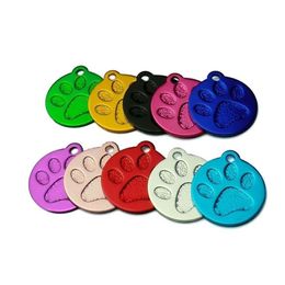 Whole 20pcs Round Paw Aluminium Alloy Pet Dog Necklace ID Tag For Dog Pets Collar Ring Personalized Custom Cute Engraved Y2009216p