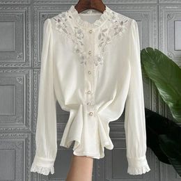 Women's Blouses White Hollow Flower Shirt For Women 2023 Spring Fashion Wooden Ear Edge Standing Collar Long Sleeve Top