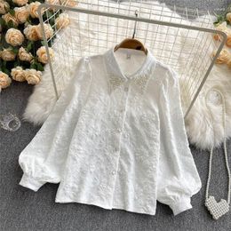 Women's Blouses Vintage Elegant Chic Floral Beaded Luxury Designer Clothing Office Lady Button Shirts Fashion Long Sleeve Tops For Women