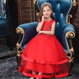 Girl Dresses Embroidered Flower Children's Princess Dress Mesh Wedding Skirt Small Host Evening Red Girls