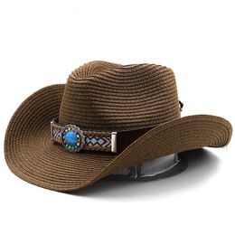 Wide Brim Hats Bucket Women Men Western Cowboy Hat Paper Straw Jazz Fedora Sun Protection Beach Cap National Style Classic Top 231122