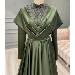 Party Dresses 2023 Elegant Muslim Evening Dress Long Sleeves High Neck Beading Appliques Special Occasion Satin Vestido De Gala