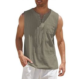 Men's Tank Tops Camisole Mens Solid Colour Cotton Linen Vest Shirts Spring Summer Leisure Sleeveless Drawstring V Neck Tank Tops Men Vintage 230422